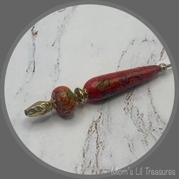 Brown Orange Teardrop Floral Design - Gold Tone• 6” Pin • Hatpin • 4/8 - Picture 3 of 9